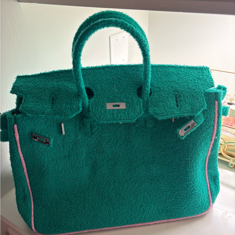 Green Luxe Terry Tote Bag with Pink Trim